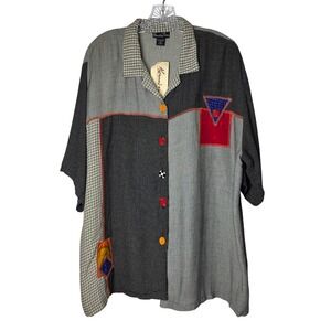 Alexandria Pierce Woman Patchwork Button Up Shirt 3X Art To Wear Rayon W48432